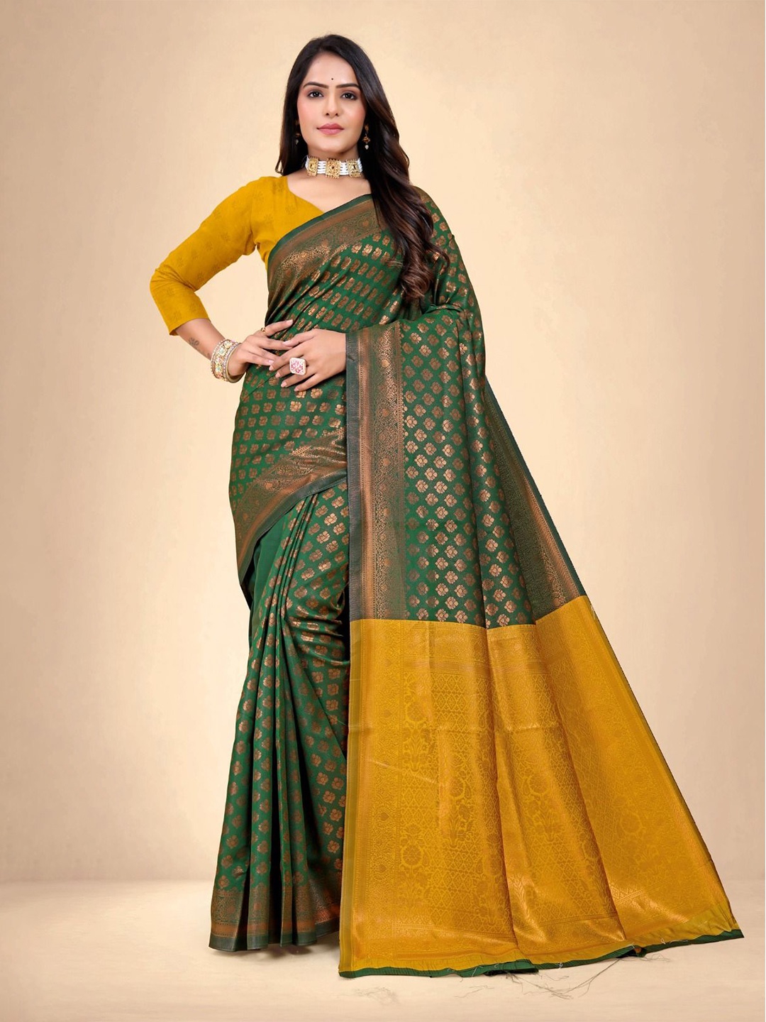 

Abhilasha Woven Design Zari Pure Silk Kanjeevaram Saree, Olive