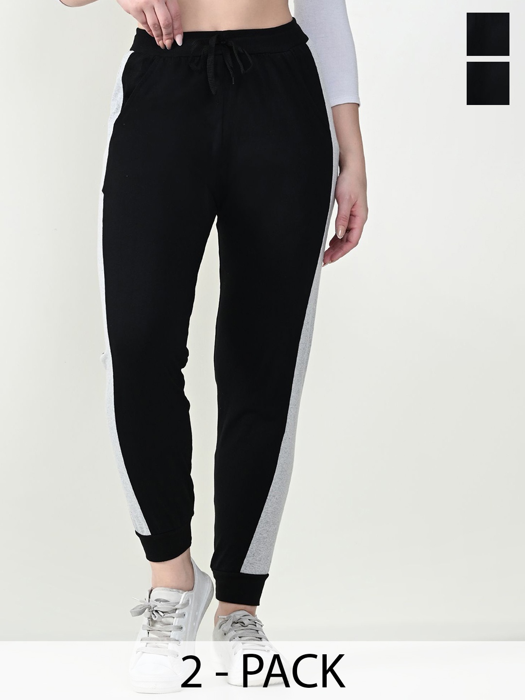 

BAESD Women Pack Of 2 Colourblocked Cotton Mid-Rise Joggers, Black