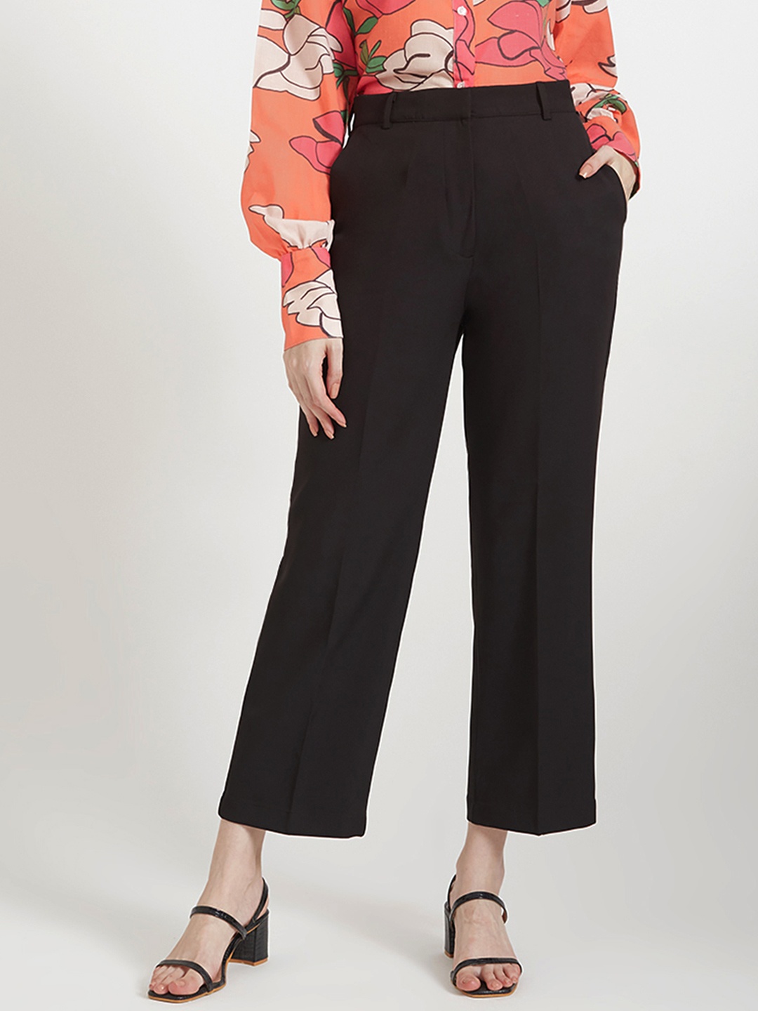 

AMSWAN Women Solid Smart Straight Fit High-Rise Trousers, Black