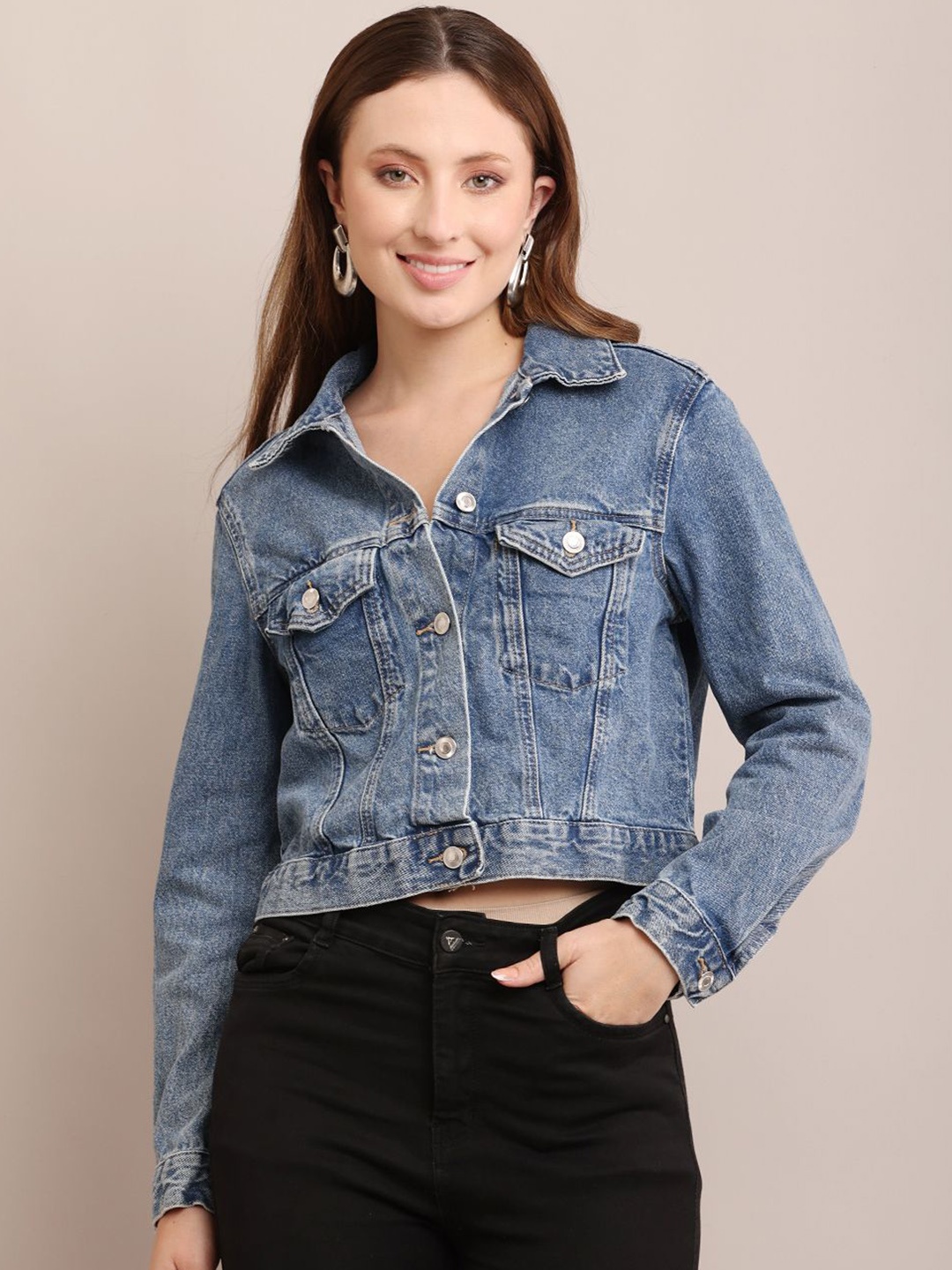 

NoBarr Women Washed Denim Jacket with Patchwork, Blue