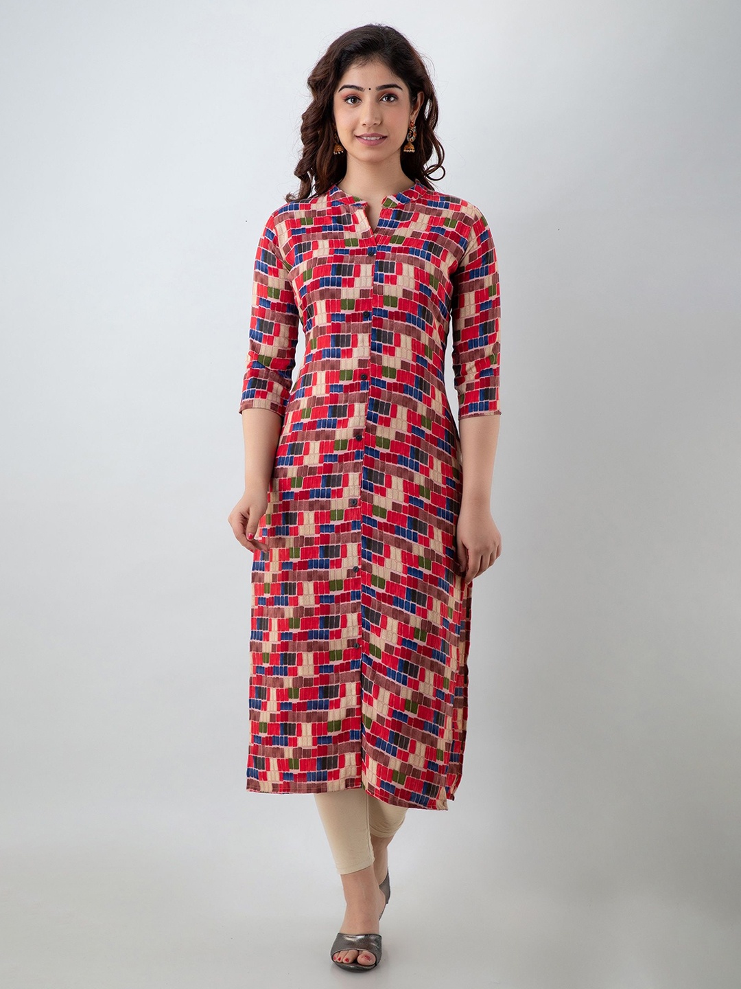 

PARIKSHIT Women Mandarin Collar Geometric Printed Straight Kurta, Maroon