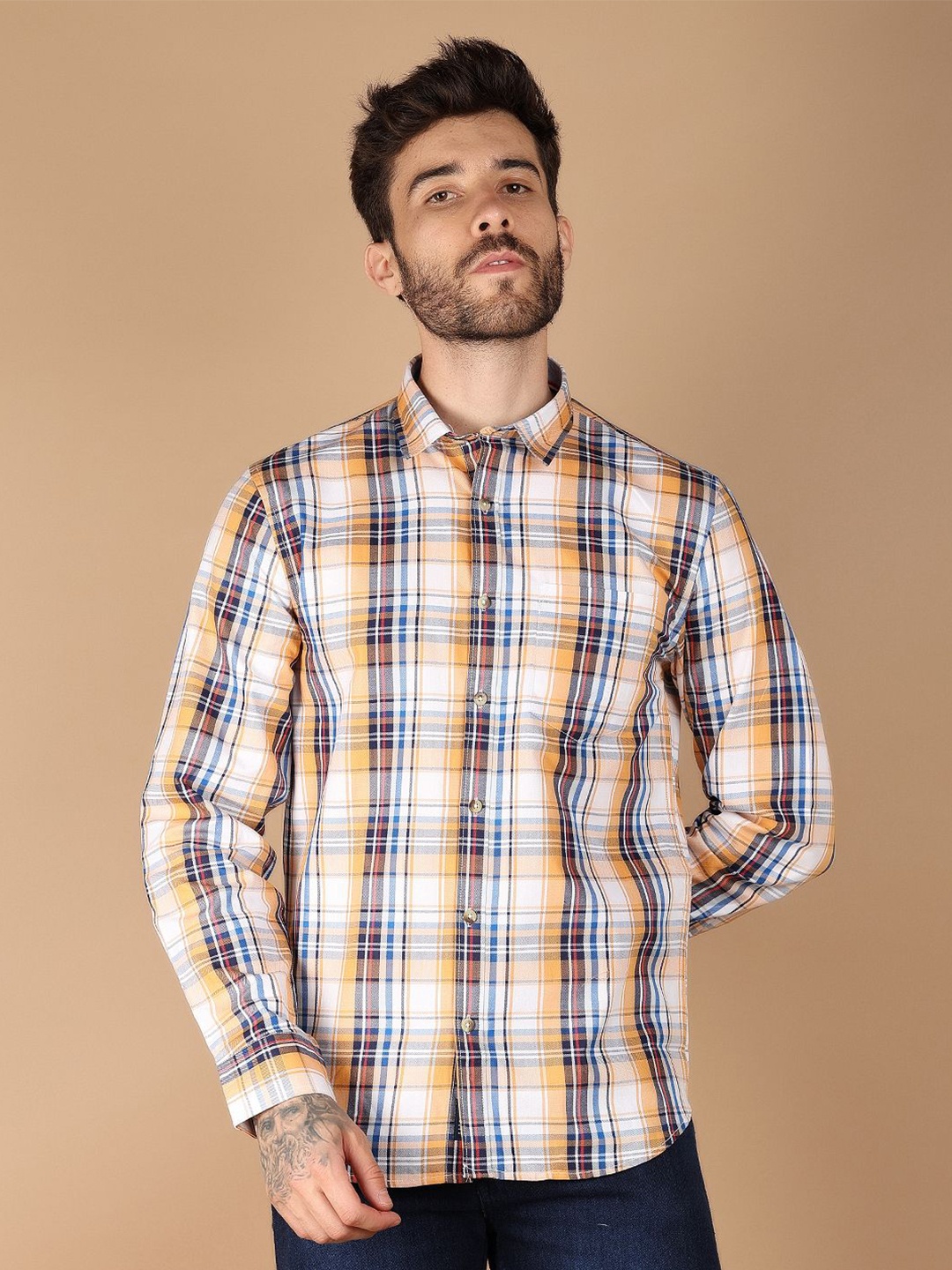 

V-Mart Men Spread Collar Tartan Checked Cotton Casual Shirt, Yellow