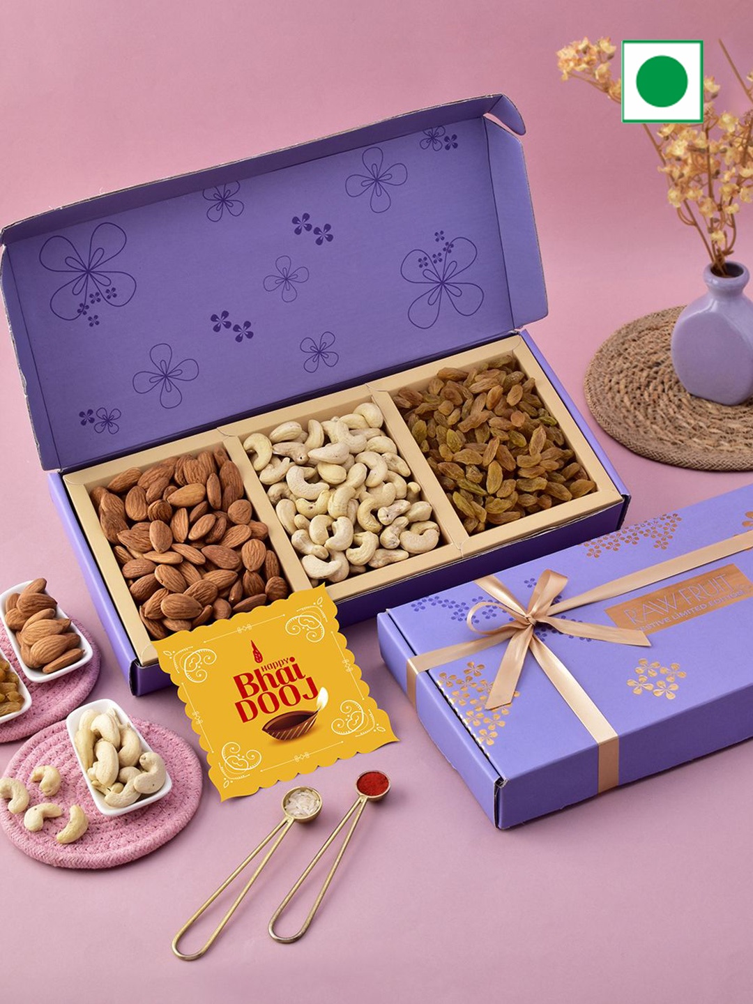 

RawFruit Bhai Dooj Dry Fruit Gift Pack With Roli Chawal, Purple