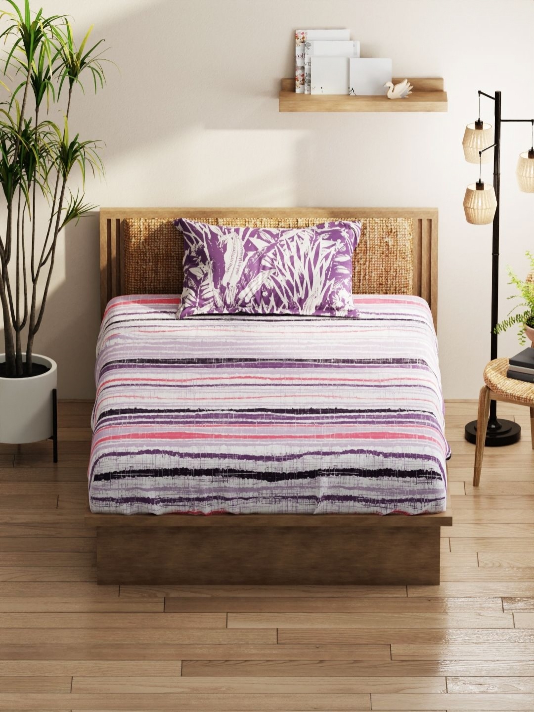 

KOPA Purple & White Striped 152 TC Queen Bedsheet with 2 Pillow Covers