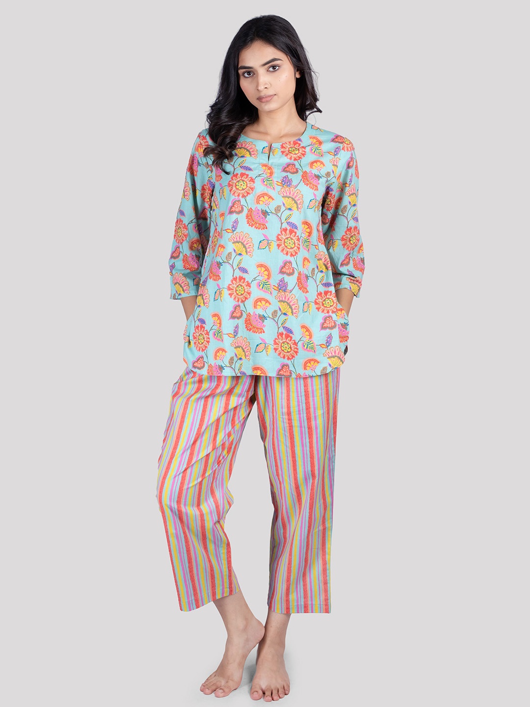 

HUE & HIDE Women Round Neck Three-Quarter Sleeves Pure Cotton Floral Printed Night suit, Blue