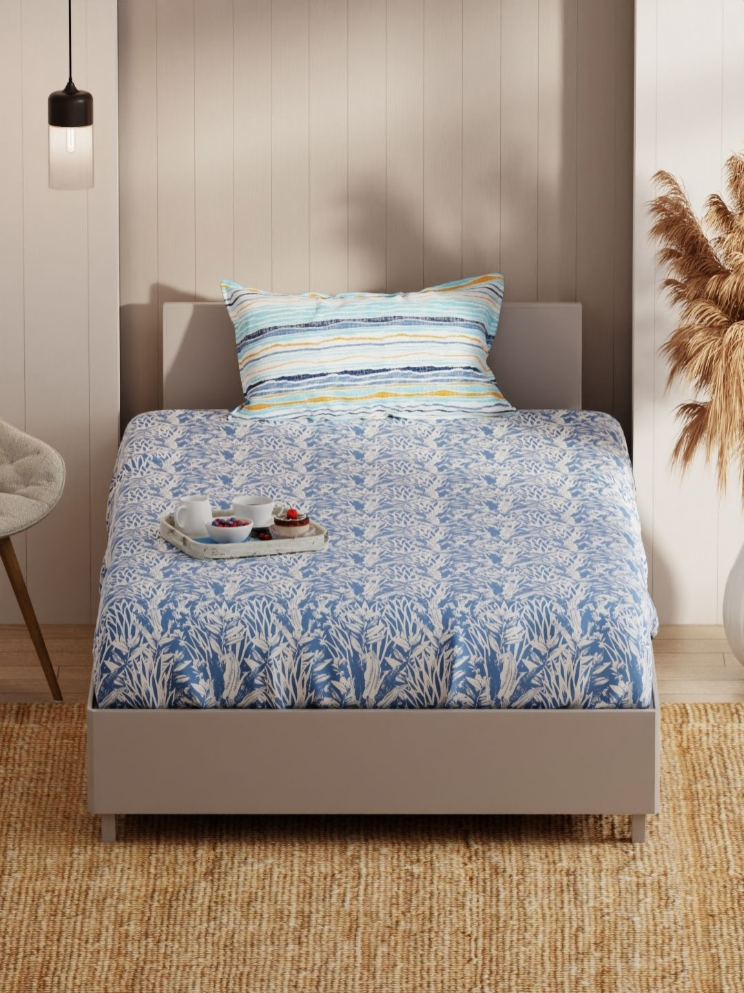 

KOPA Blue Floral 152 TC Microfiber Single Bedsheet & 1 Pillow Cover 1.55 m X 2.36 m