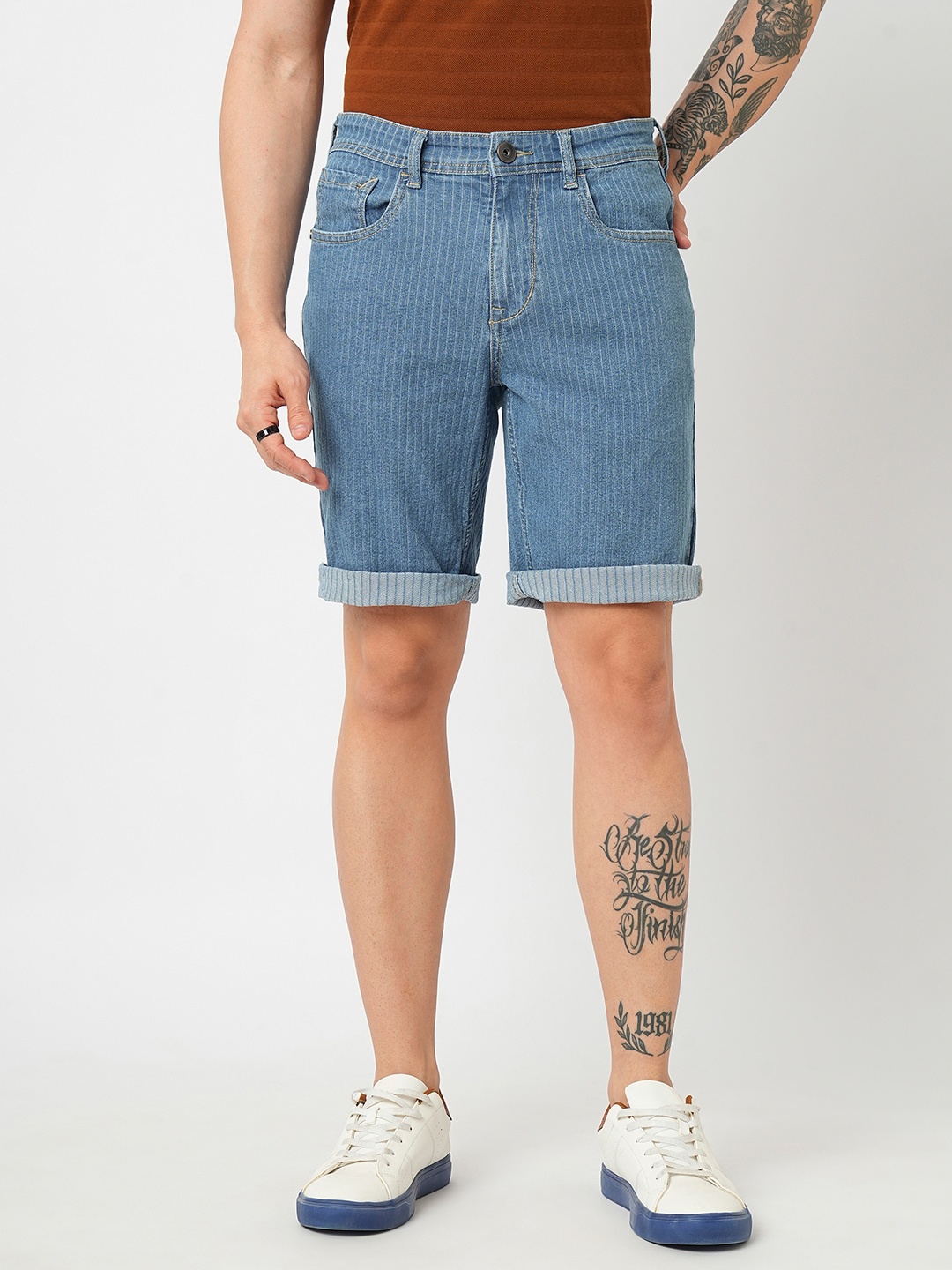 

Mast & Harbour Men Solid Slim Fit Denim Shorts, Blue