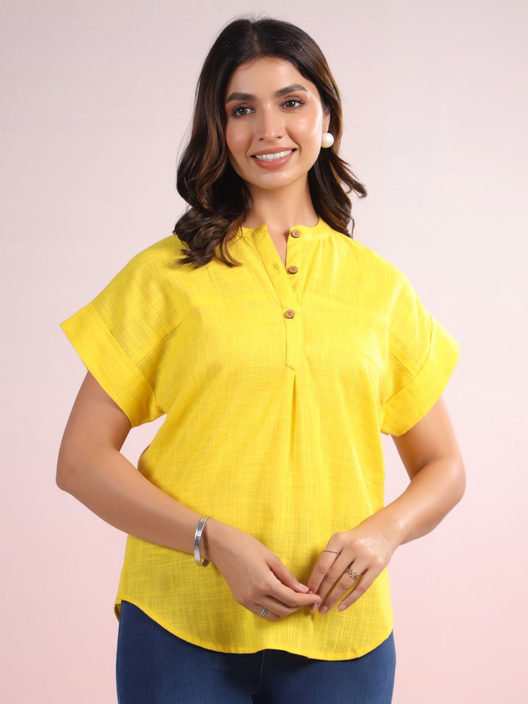 

LYFJ Women Solid Mandarin Collar Cotton Top, Yellow