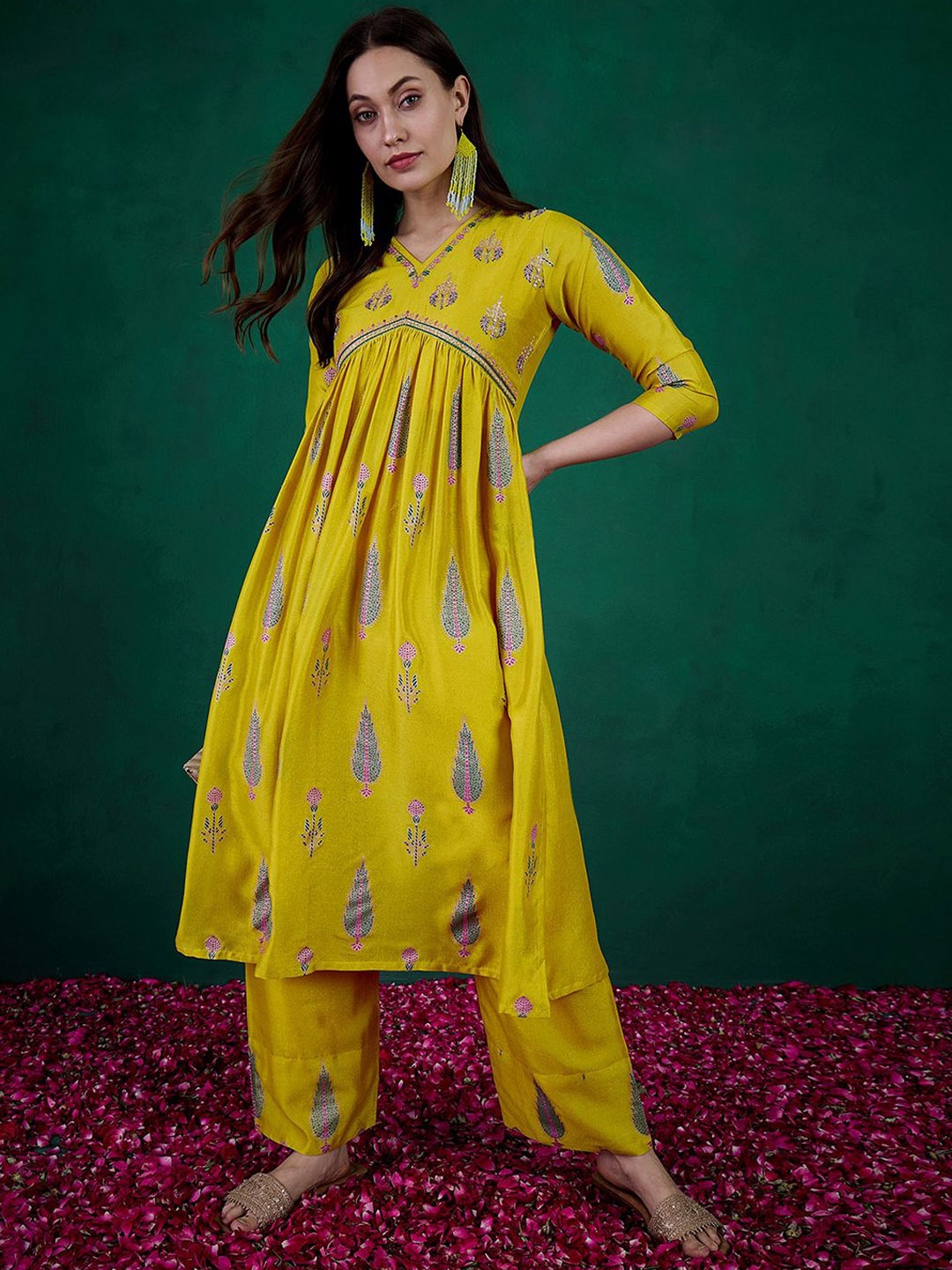 

Sangria Floral Embroidered Thread Work A-Line Kurta & Trouser, Yellow