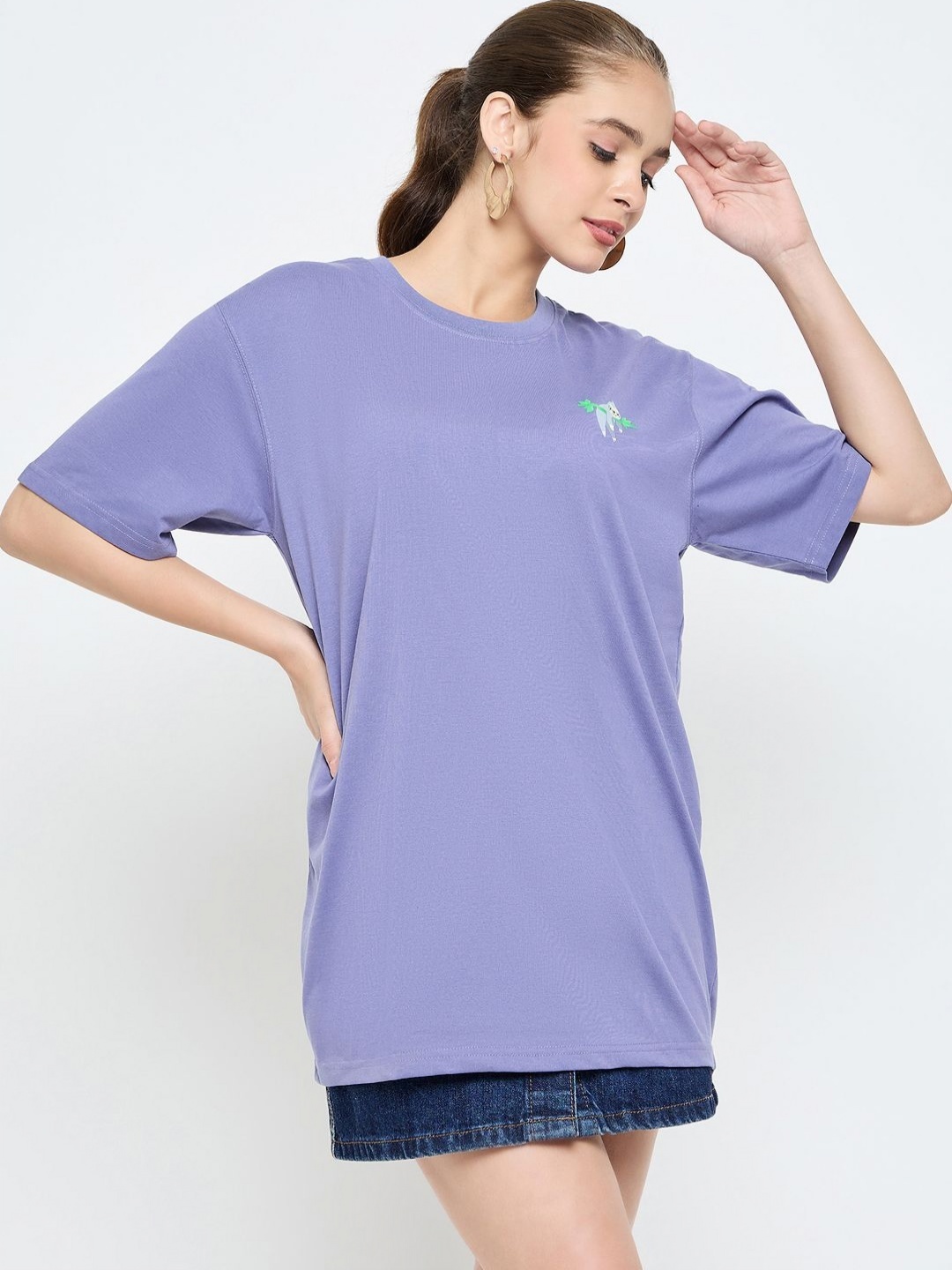 

Skidlers Women Solid Round Neck Organic Cotton Oversized T-shirt, Lavender