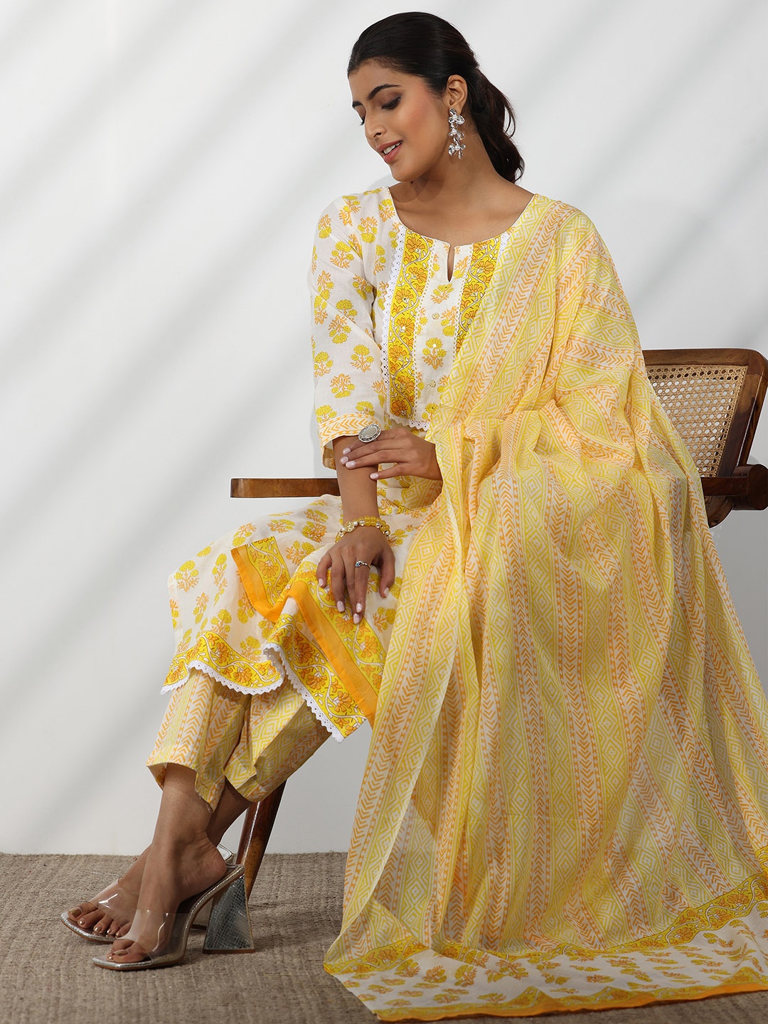 

Libas Floral Printed Mirror Work Pure Cotton Straight Kurta With Trousers & Dupatta, Off white