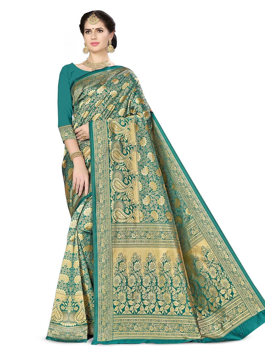 

Maroosh Ethnic Motifs Woven Design Zari Banarasi Saree, Green