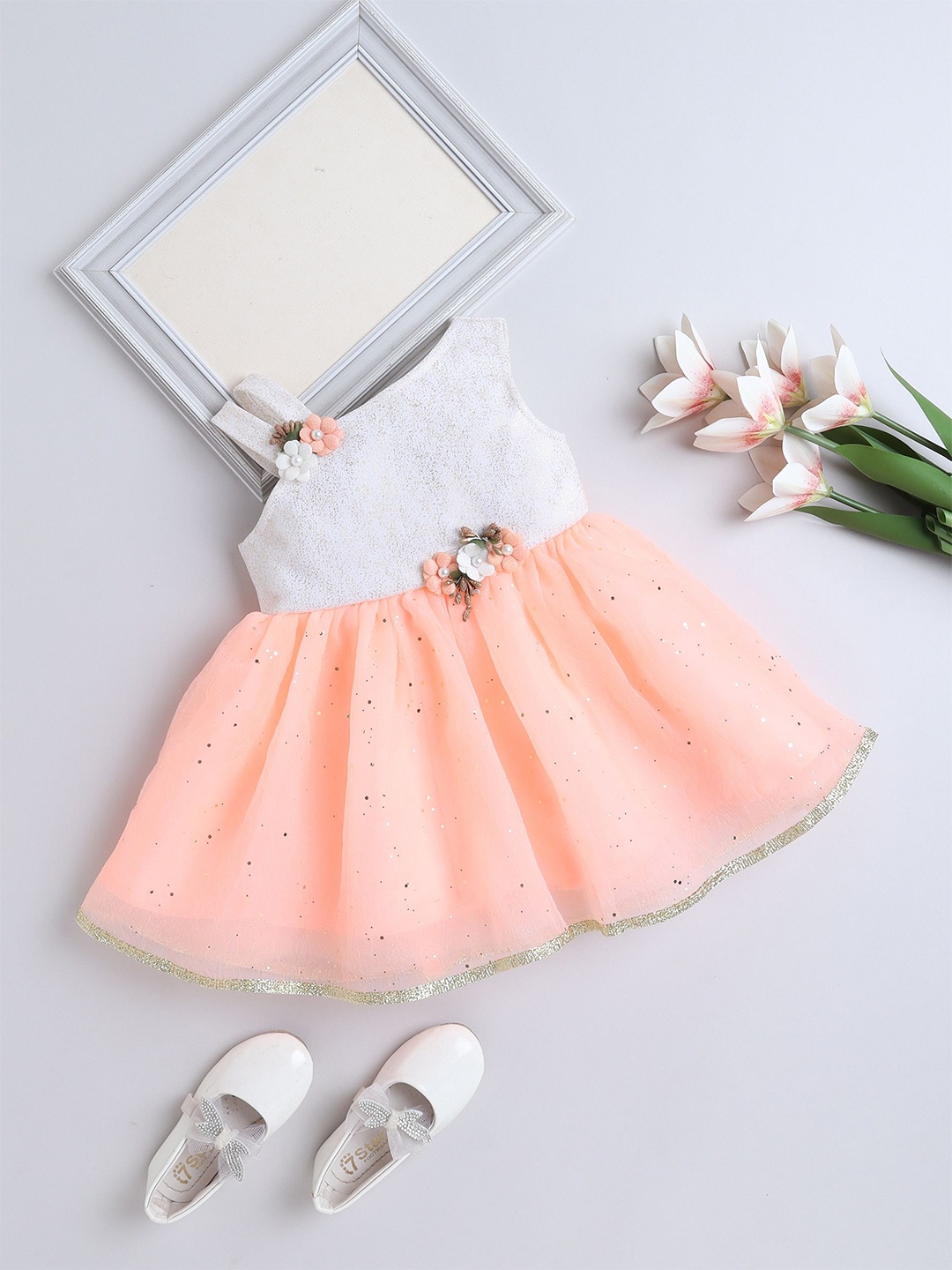 

The Magic Wand Girls Embellished Sleeveless Fit & Flare Dress, Peach