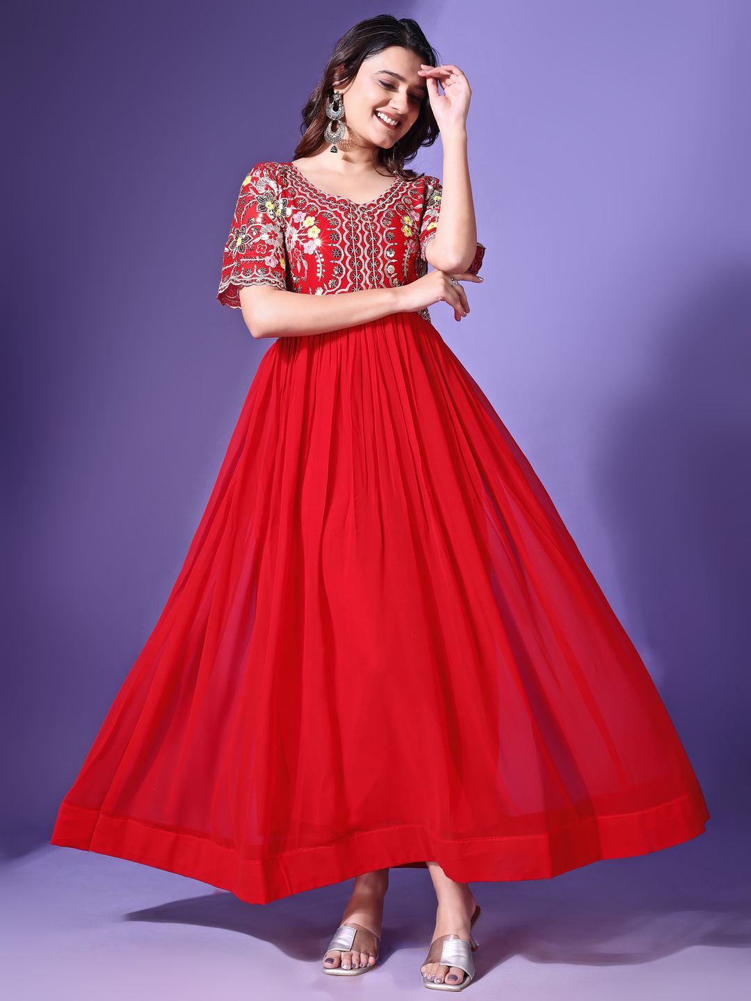 

KALINI Women Floral Thread Work Georgette Anarkali Kurta, Red