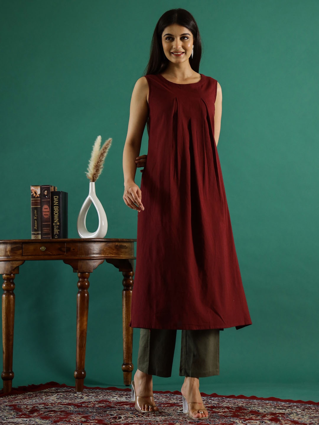 

RangDeep Round Neck Pure Cotton A-Line Kurta with Trousers, Burgundy