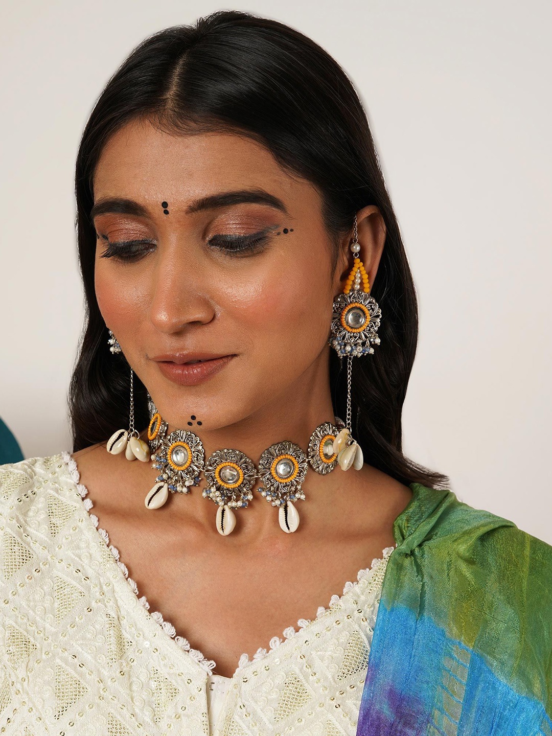 

BeAbhika Silver-Plated Stone Studded & Beaded Oxidized Necklace And Earrings, Yellow