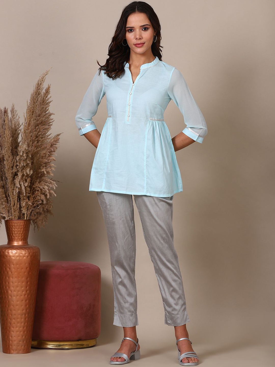 

AURELIA Mandarin Collar Top with Trouser Co-Ords, Blue