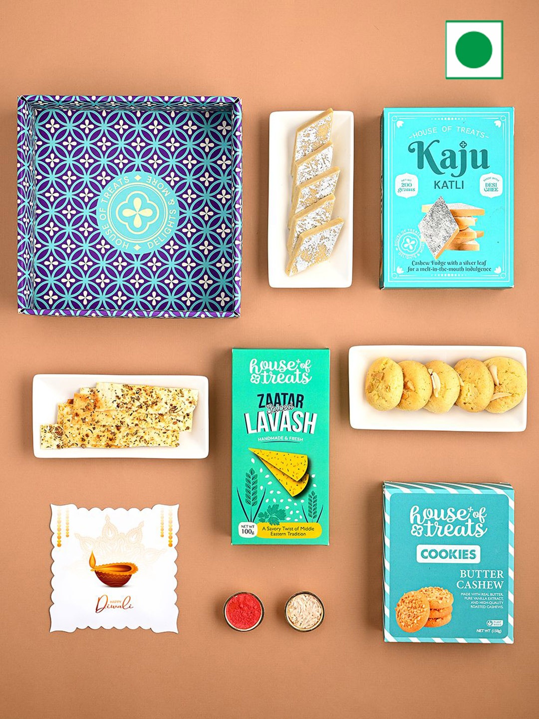 

RawFruit Set Of 5 Sweets & Cookies With Greeting Card & Roli Chawal Gift Set, Blue