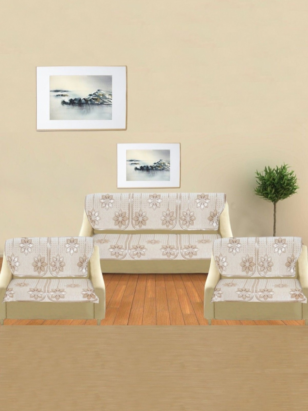 

MORADO Off White & Brown 14 Pieces Embroidered 7 seater Sofa Cover