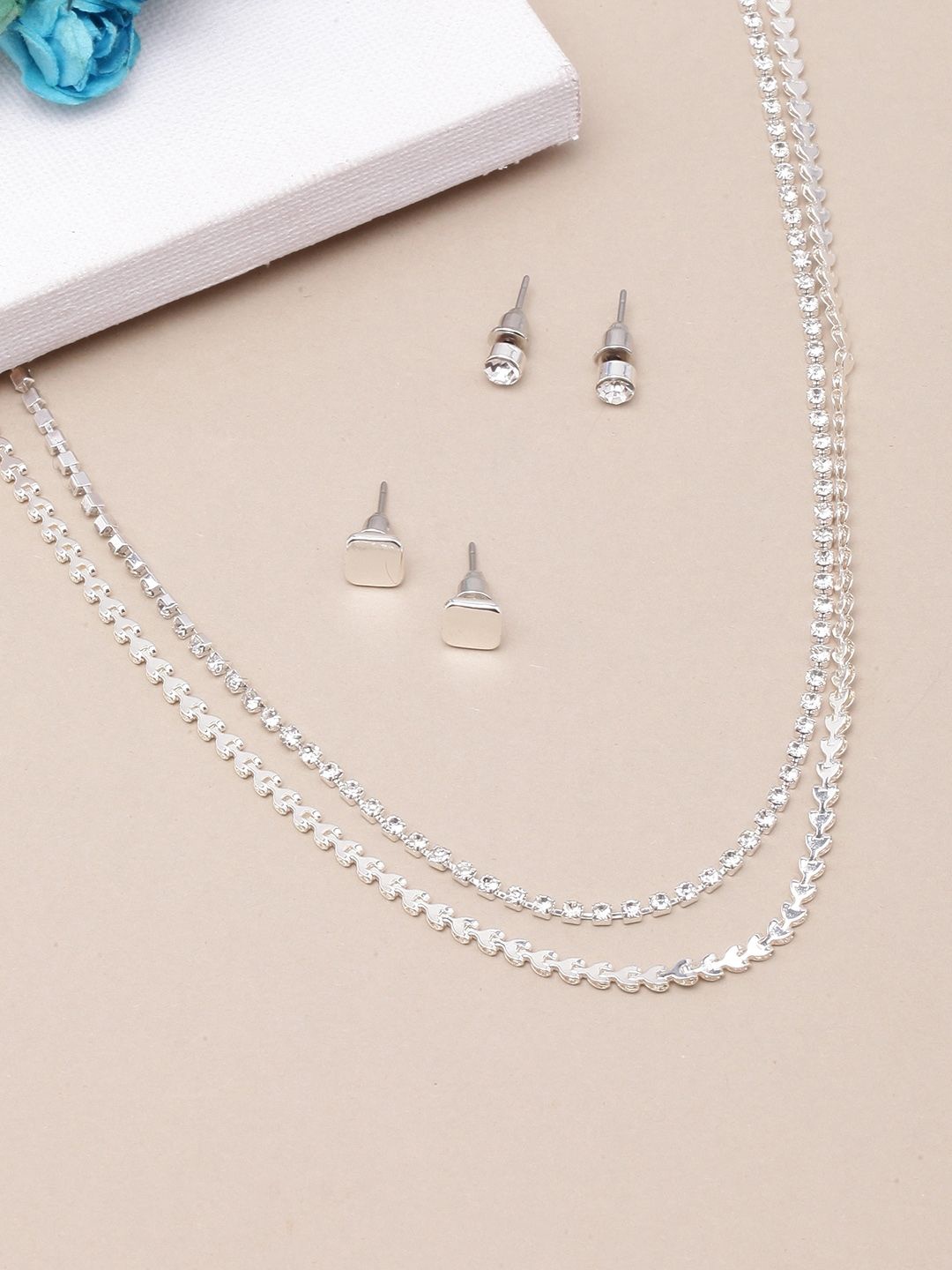 

KPOP Silver-Plated Rhinestone -Studded Necklace & Earrings