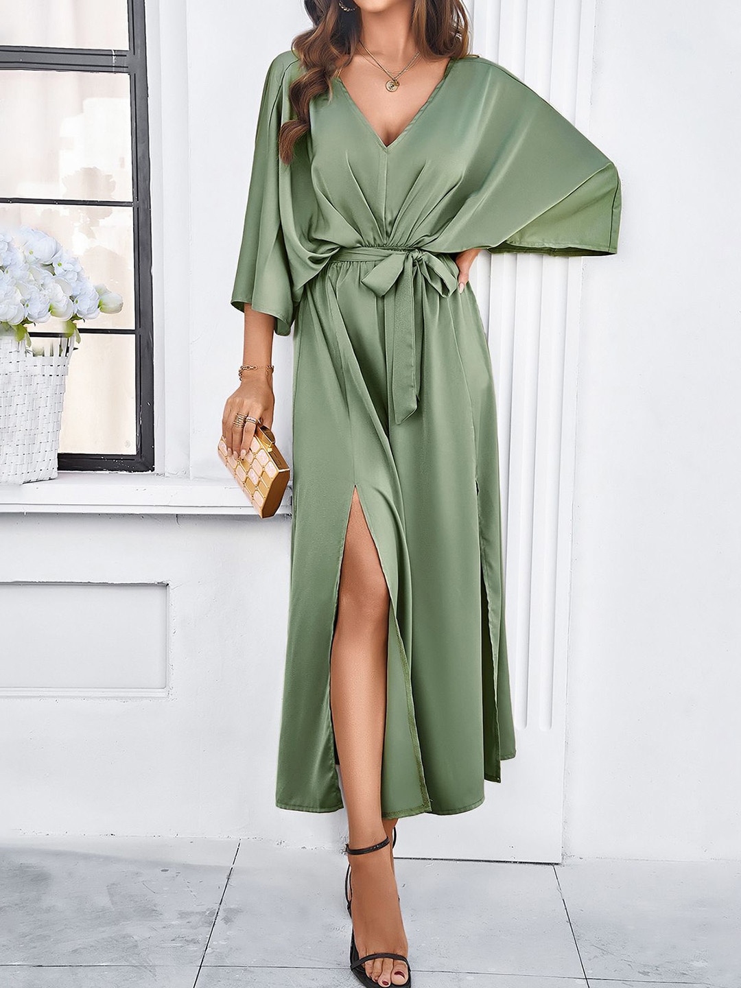 

StyleCast Puff Sleeve Satin A-Line Midi Dress, Green