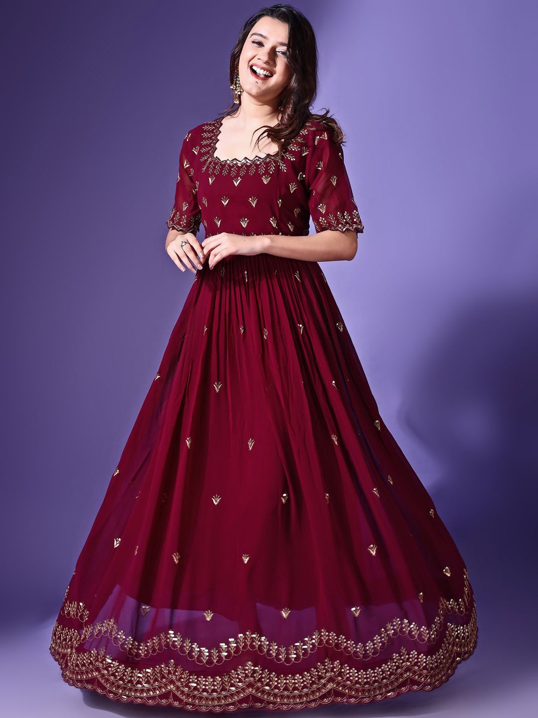 

Ethnic Yard Women Geometric Embroidered Georgette Kurta, Maroon