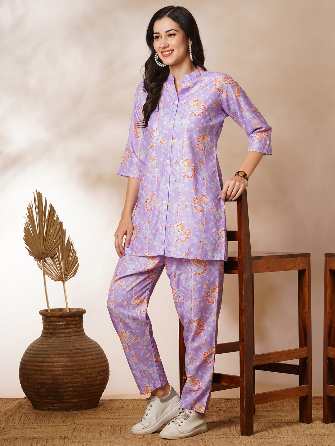 

Kiana House Of Fashion Printed Pure Cotton Tunic & Trouser Co-Ords, Lavender