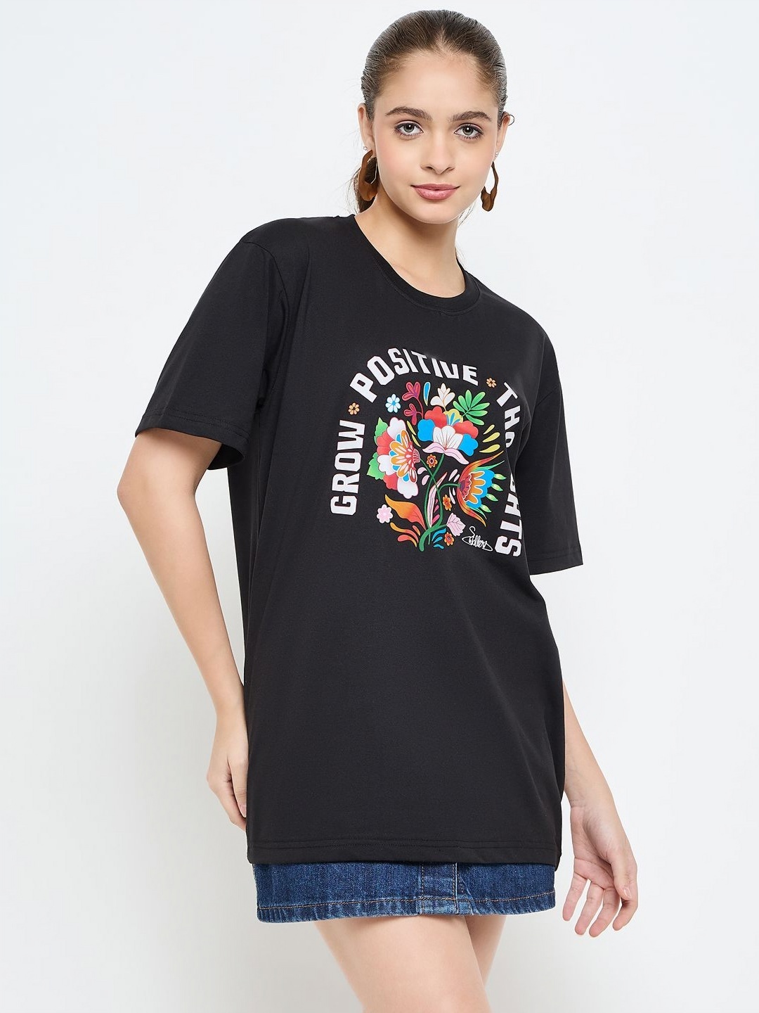 

Skidlers Women Floral Printed Round Neck Organic Cotton T-shirt, Black