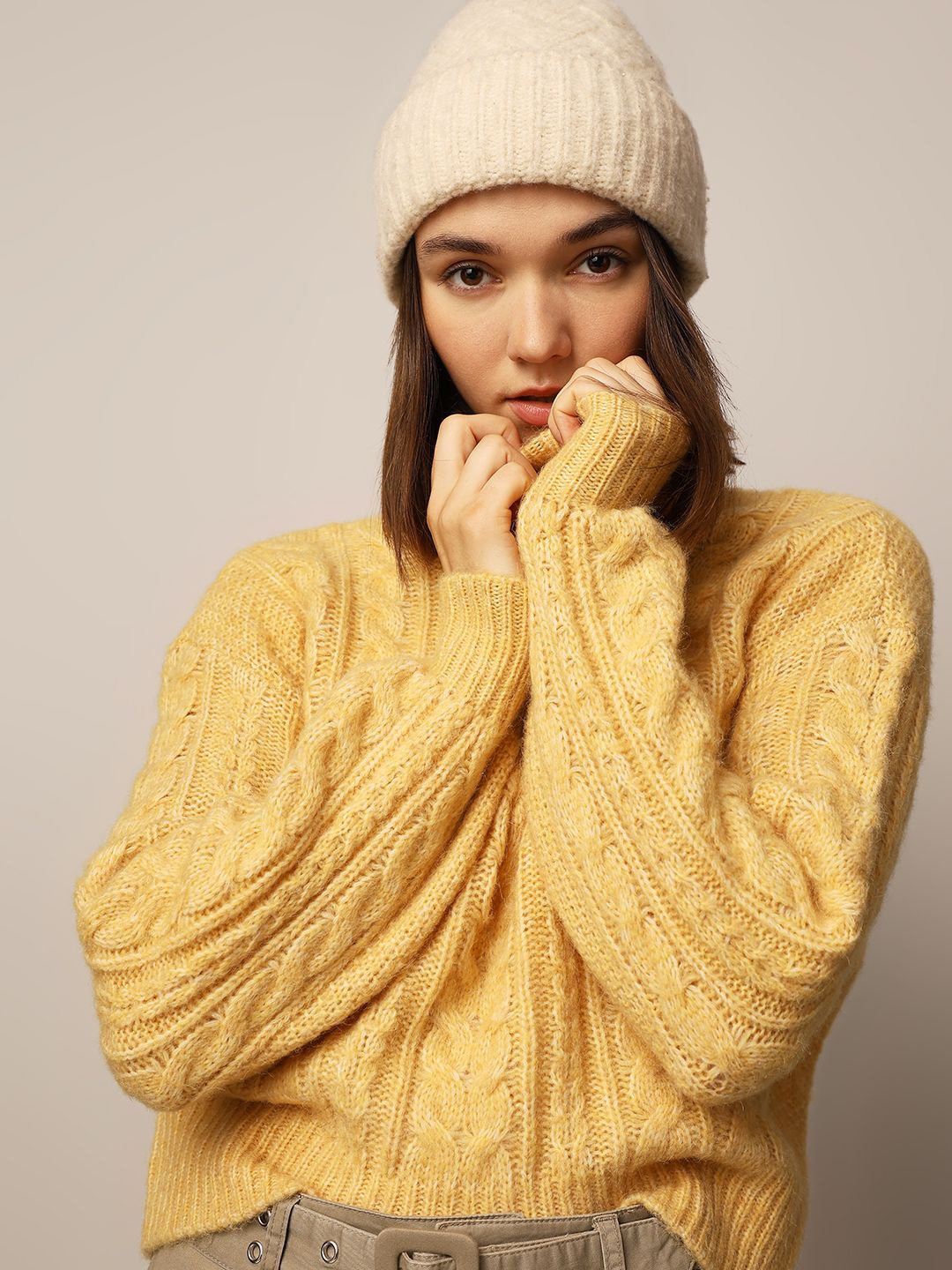 

ONLY Women Turtle Neck Cable Knit Pullover Sweater, Yellow