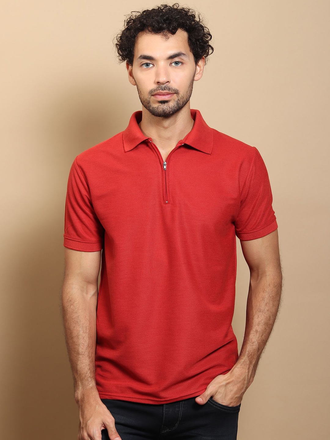 

DOKCHAN Men Solid Polo Collar T-shirt, Red