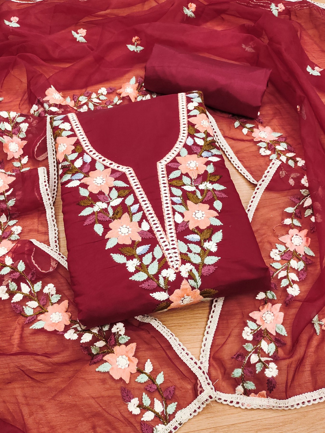 

KALINI Floral Embroidery Pure Cotton Unstitched Dress Material, Maroon