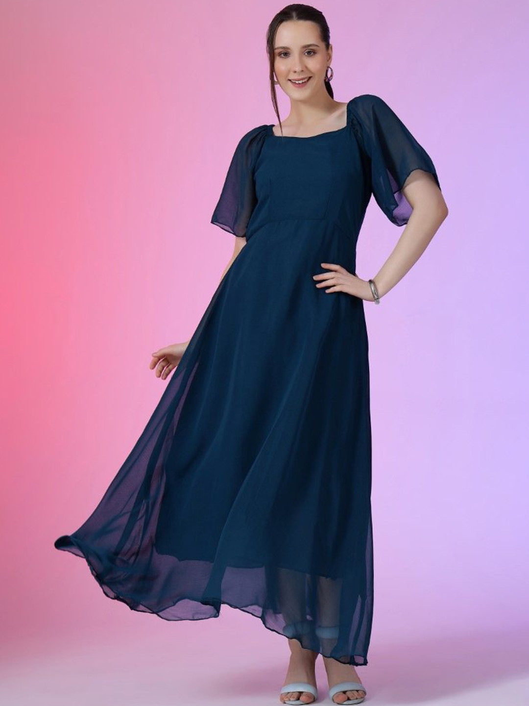 

Raiyani Enterprise Solid Bell Sleeve Fit & Flare Maxi Dress, Blue