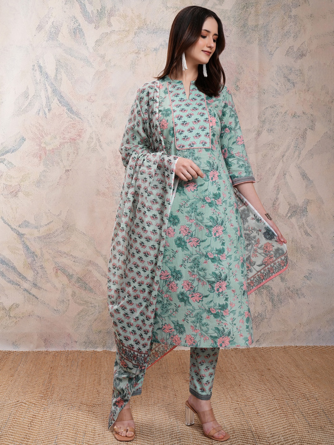 

Vishudh Floral Printed Pure Cotton Kurta With Trousers & Dupatta, Green