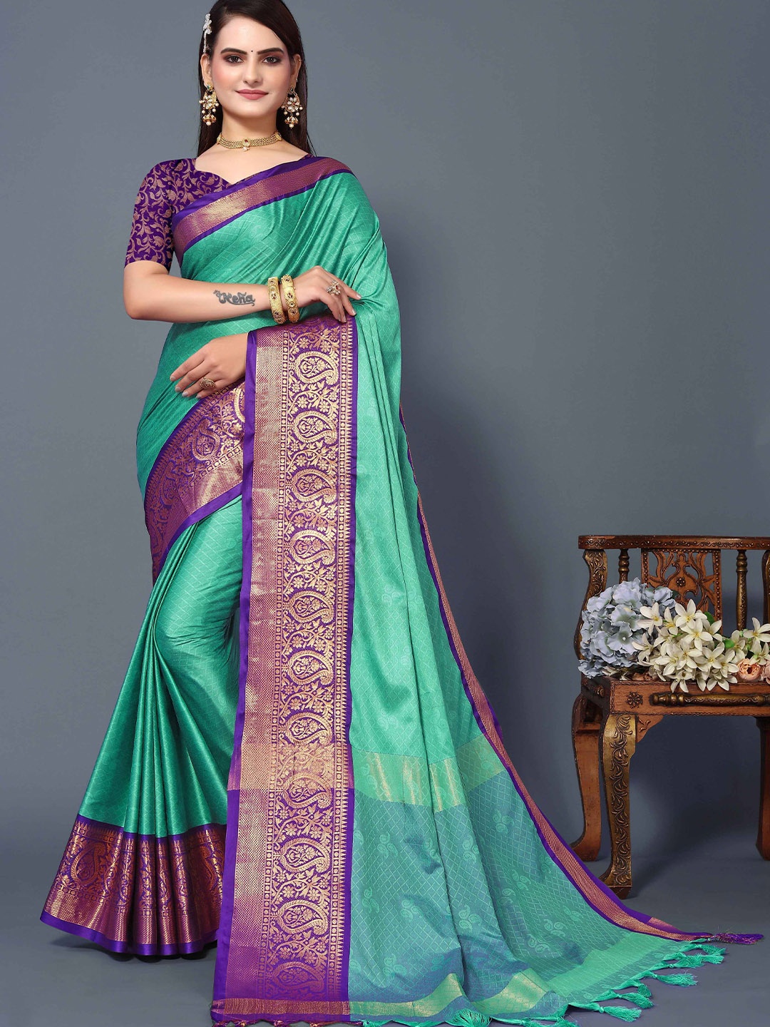 

Rhey Woven Design Pure Silk Banarasi Saree, Sea green