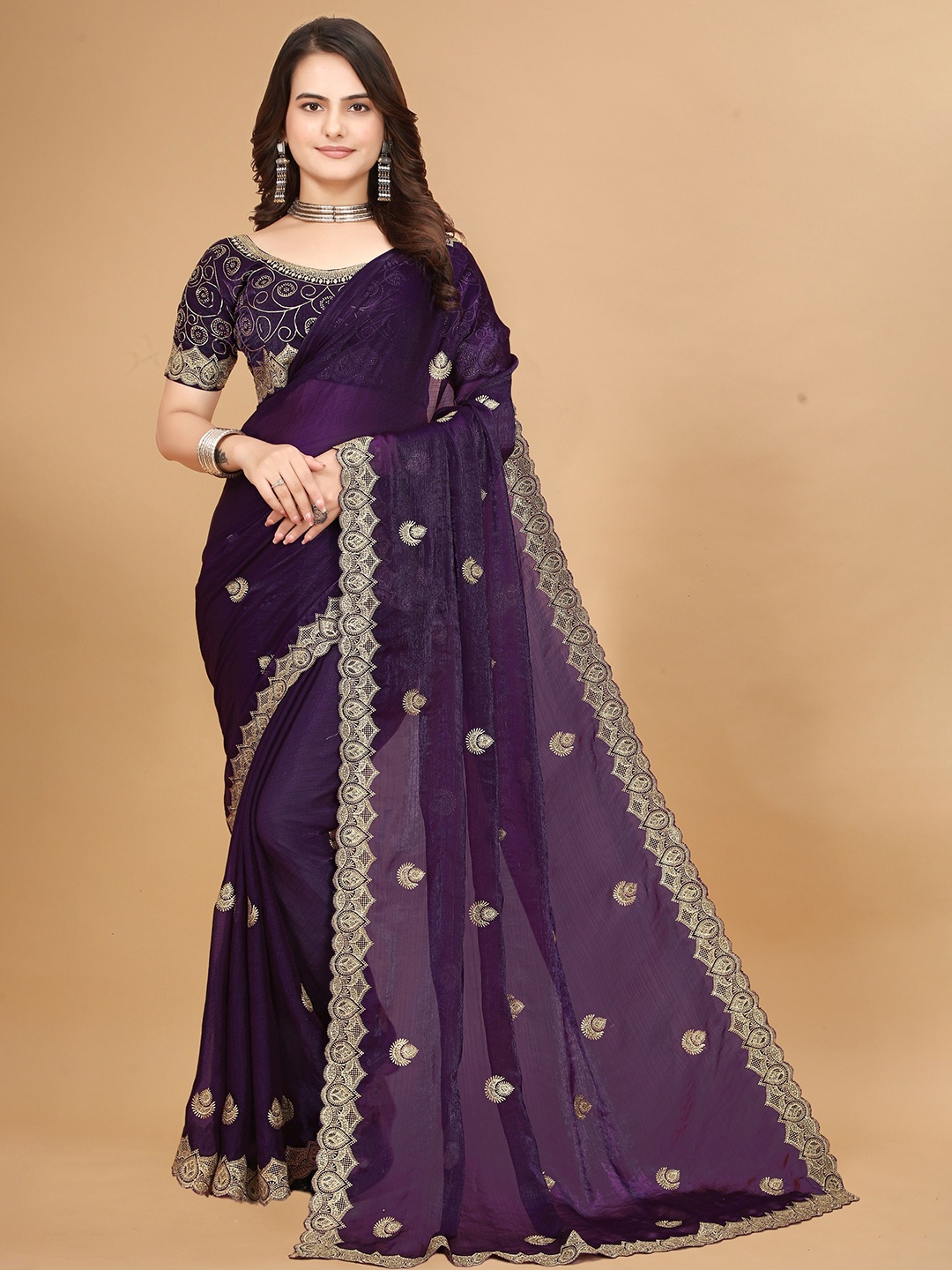 

MAHALASA Ethnic Motifs Embroidered Saree, Purple