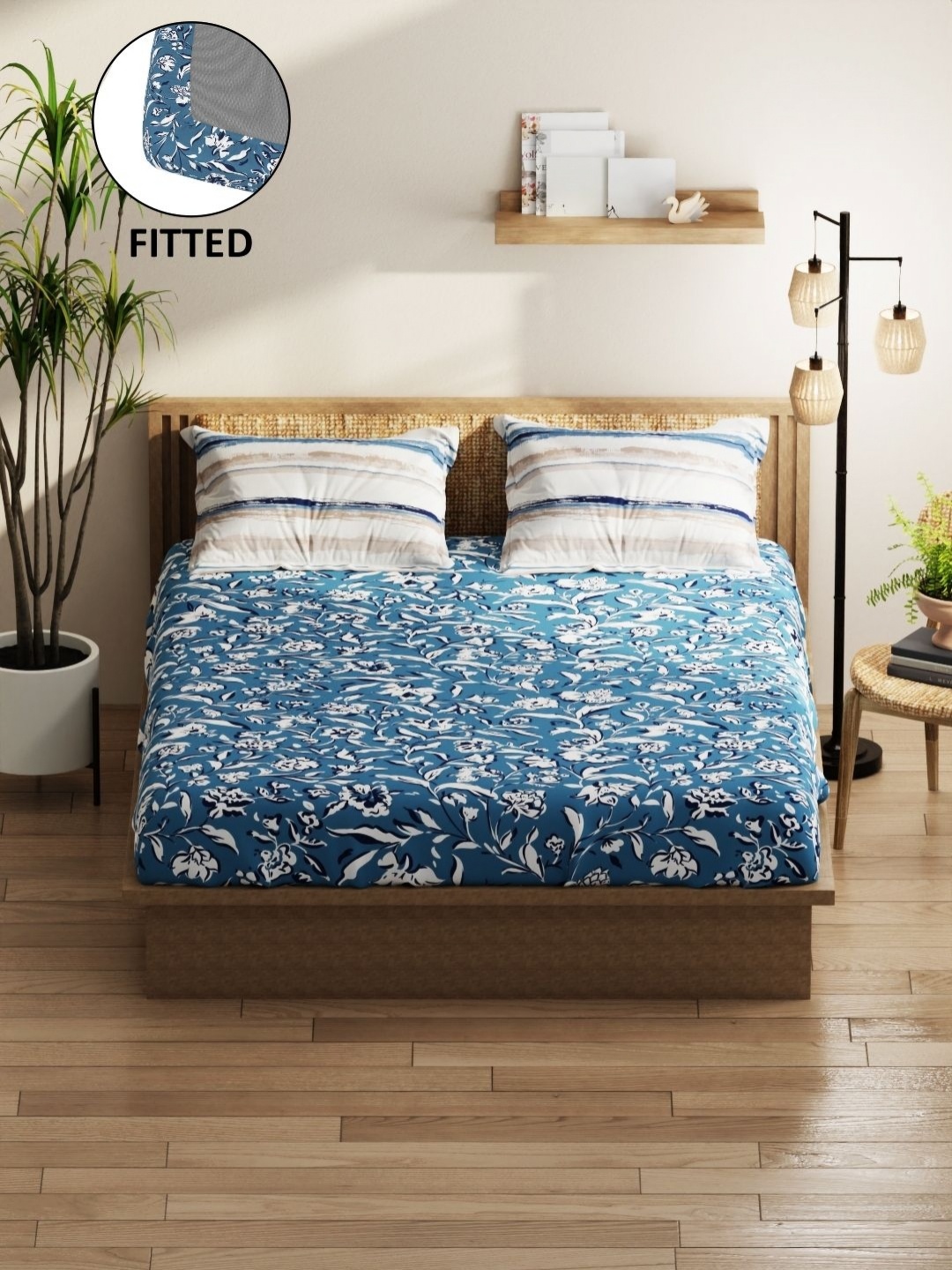

KOPA Blue Printed Microfiber 152 TC Fitted Queen Bedsheet With 2 Pillow Covers 1.6 x 1.9m