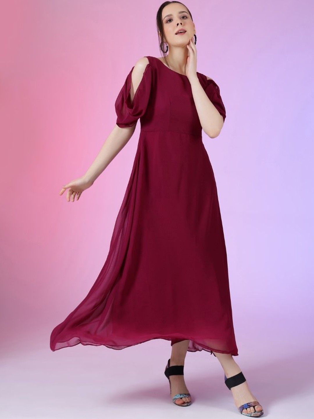 

Raiyani Enterprise Women Bell Sleeve Georgette Fit & Flare Maxi Dress, Maroon