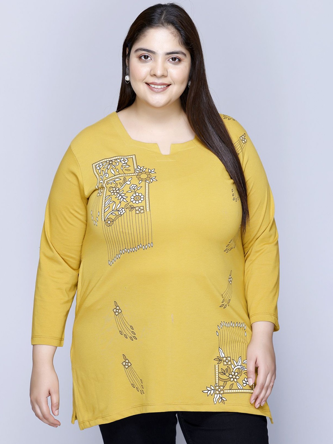 

IN Love Women Printed Plus Size Long T-Shirt, Mustard