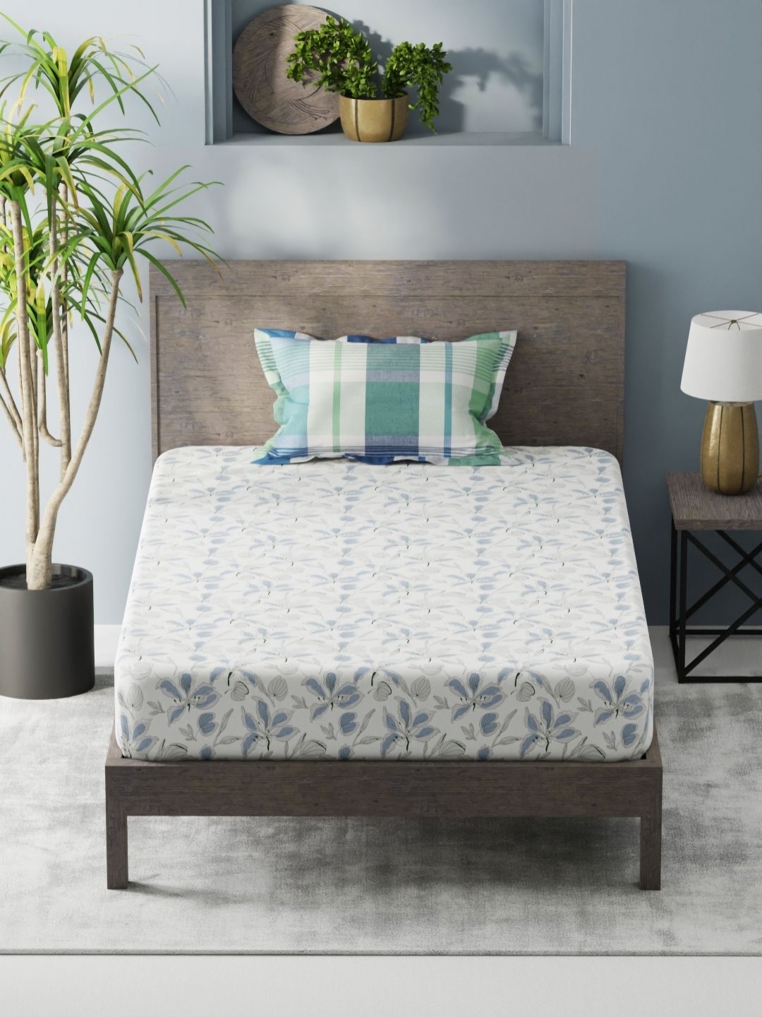 

KOPA White & Blue Floral 200 TC Single Bedsheet with 1 Pillow Covers