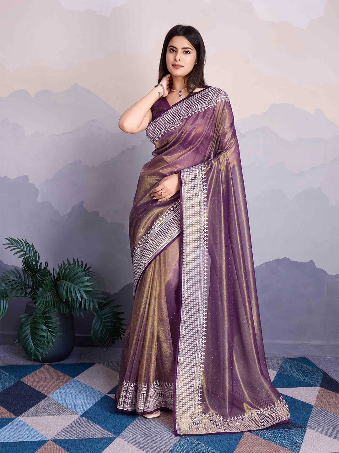 

Mitera Sequinned Net Saree, Purple