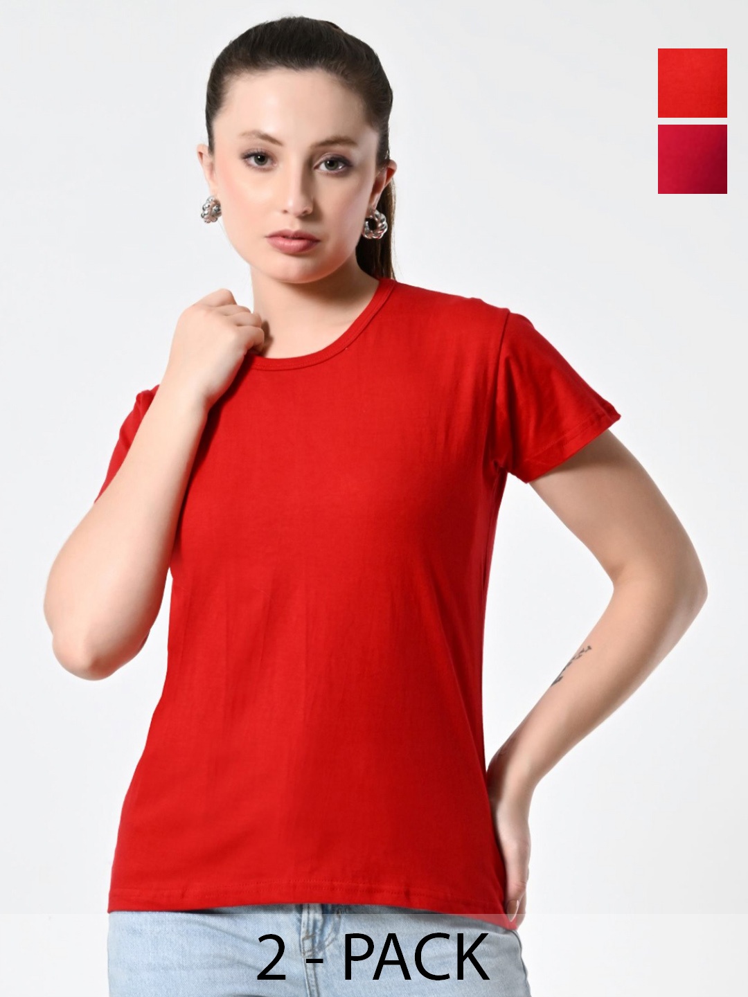 

BAESD Women Pack Of 2 Solid Round Neck Cotton T-shirts, Red