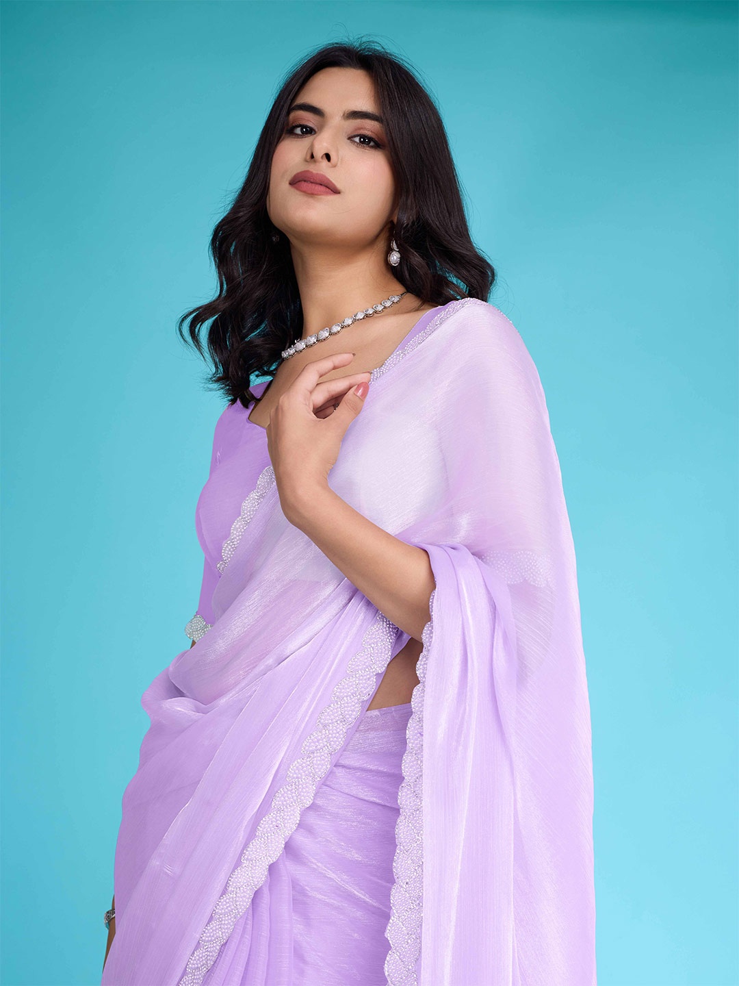 

Mitera Beads and Stones Organza Saree, Lavender