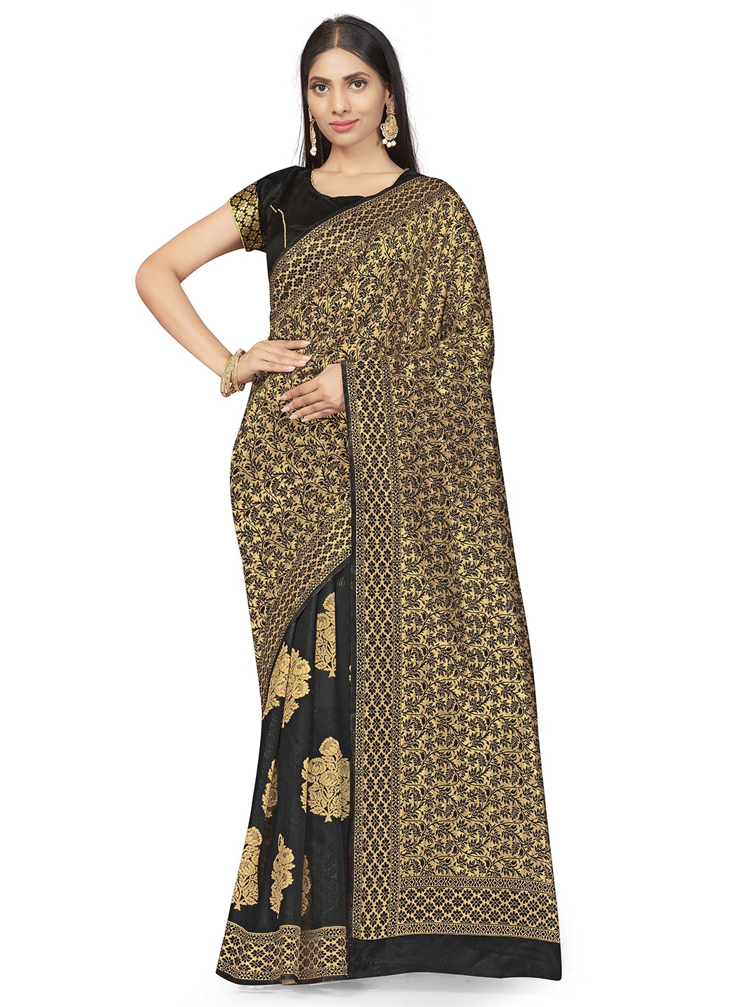 

Maroosh Ethnic Motifs Woven Design Banarasi Saree, Black