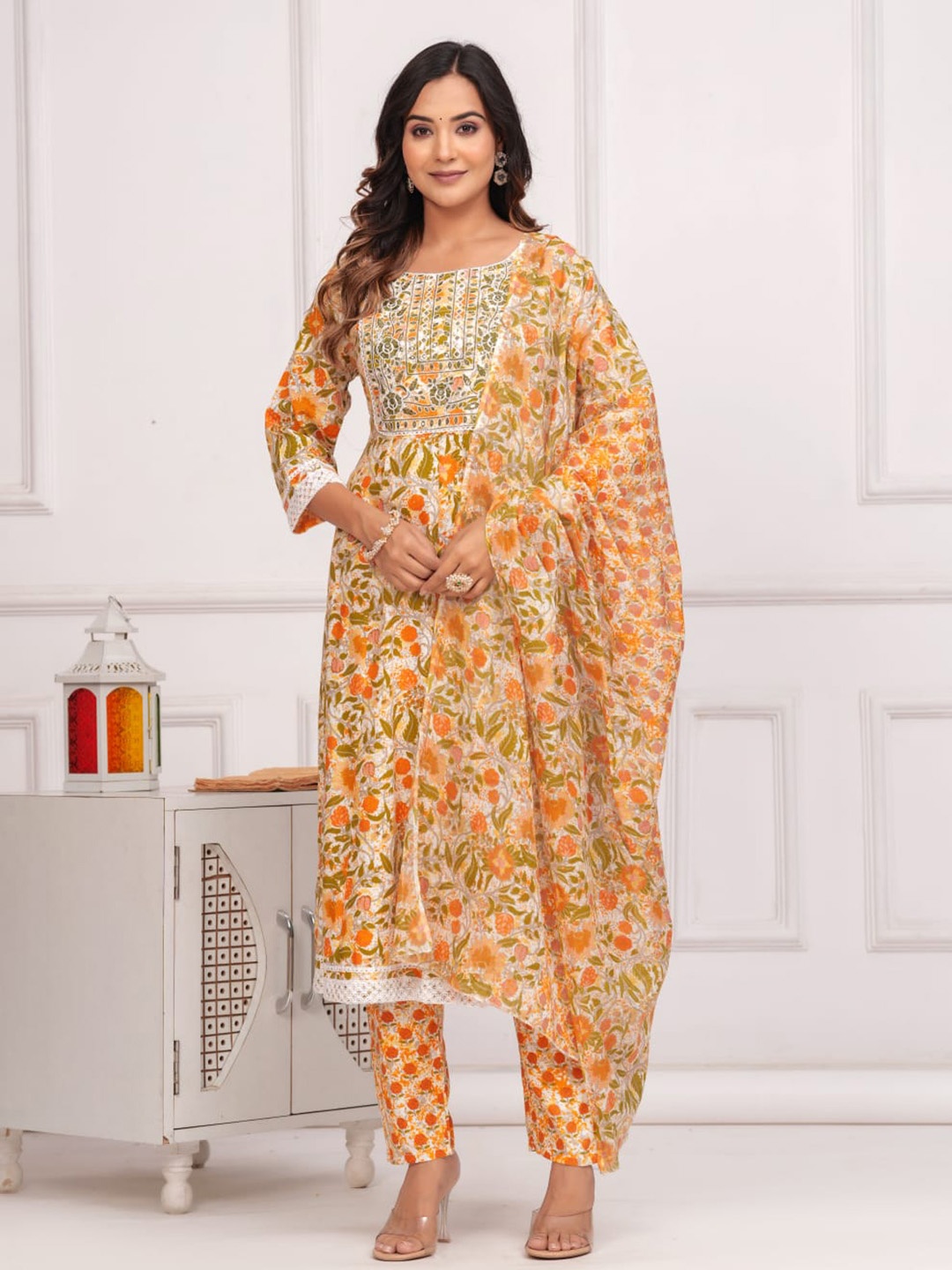 

PARUCREATION Floral Printed Kurta With Palazzos & Dupatta, Orange