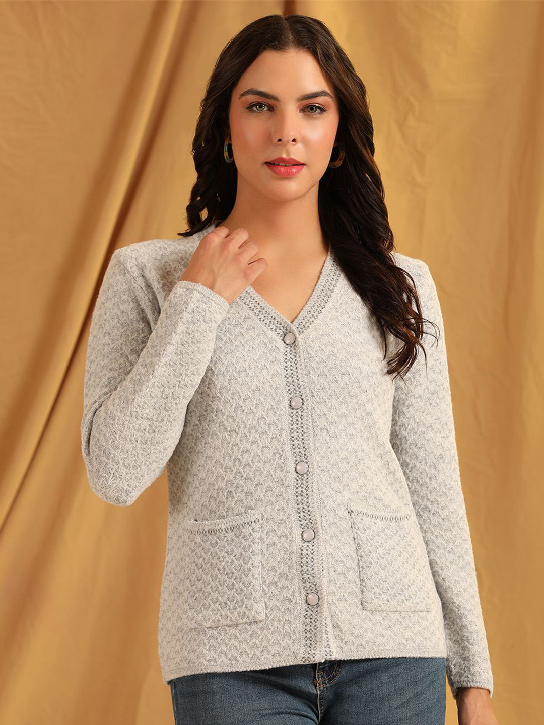 

Cayman Women Self Design Cable Knit V-Neck Woollen Cardigan Sweater, Grey
