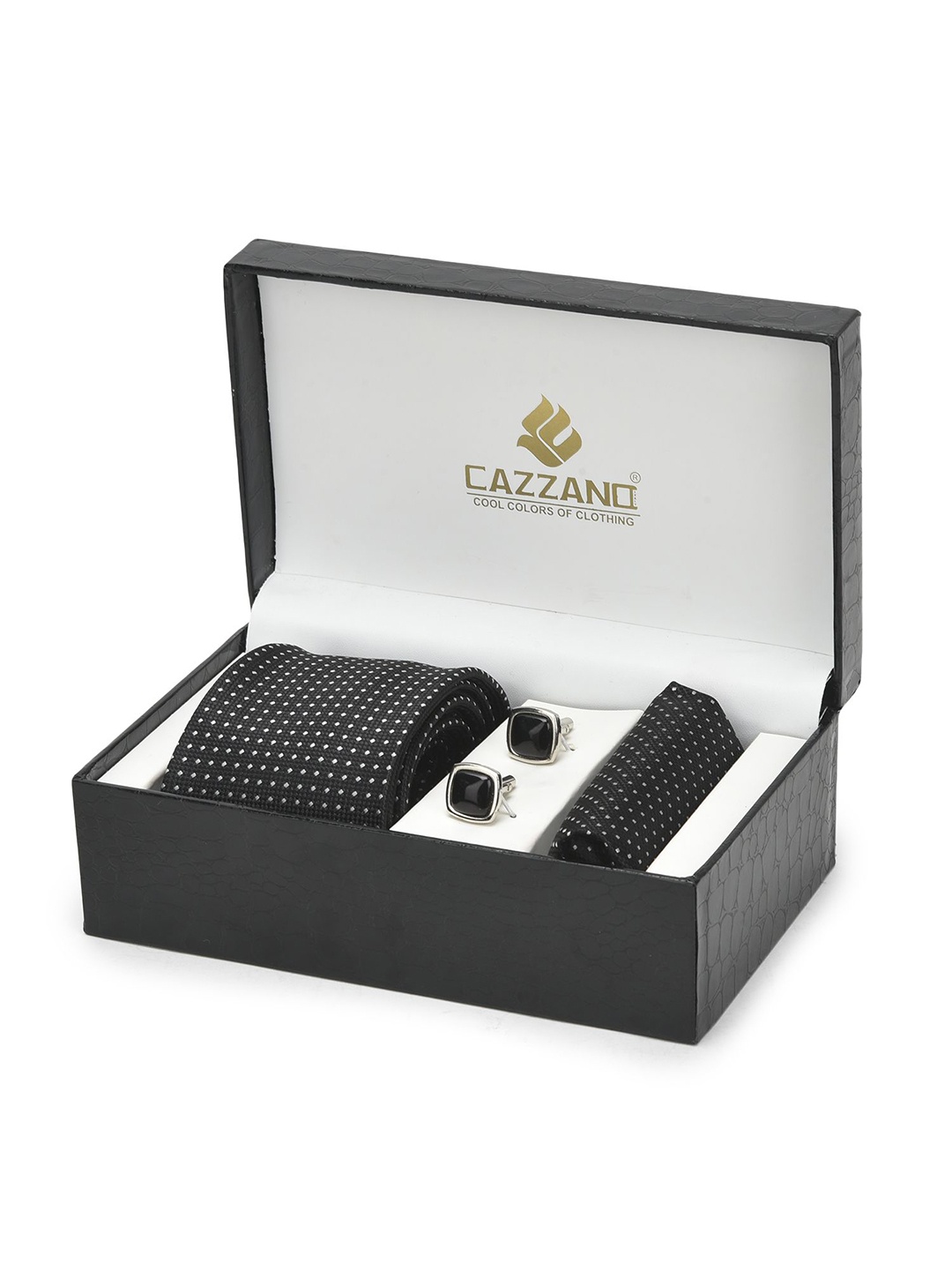 

Cazzano Men Polka Dots Printed Slim Tie Cufflinks & Pocket Square Accessory Gift Set, Black