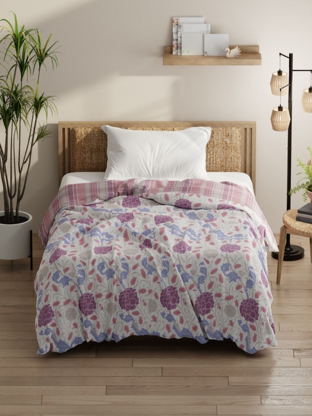 

KOPA White & Blue Floral Printed Microfiber AC Room 150 GSM Single Bed Comforter