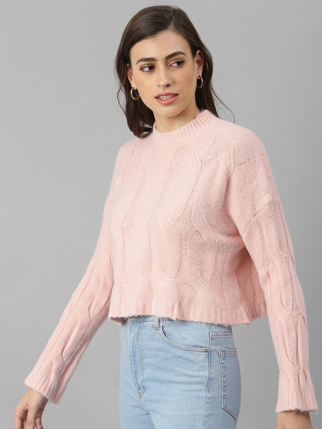 

Xpose Women Cable Knit Round Neck Pullover Sweater, Pink