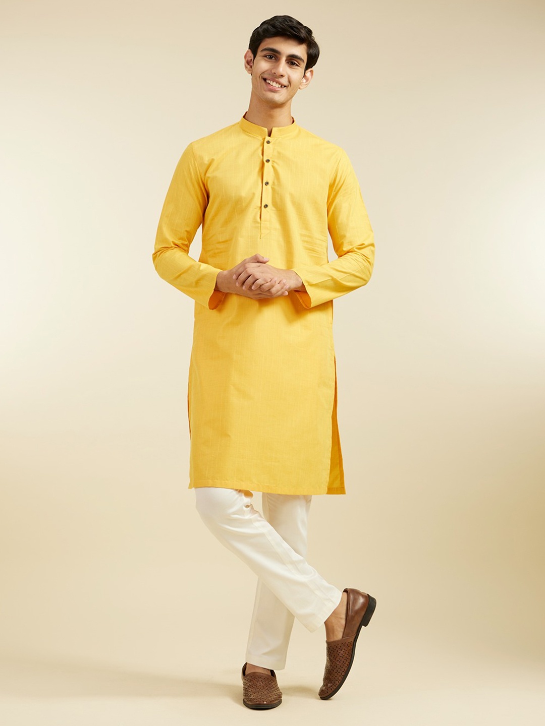 

Diwas by Manyavar Striped Thread Work Mandarin Collar Cotton Straight Kurta, Mustard