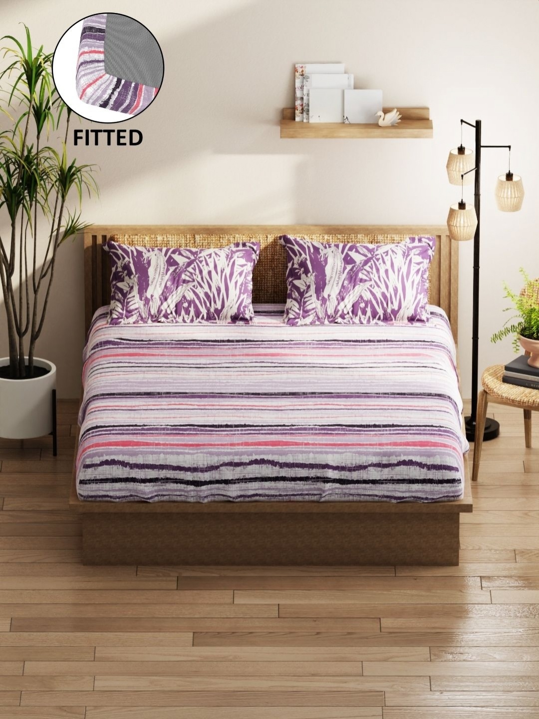 

KOPA Purple Striped 152 TC Microfiber Double Queen Bedsheet Set-1.68 m X 1.98 m X 25 cm